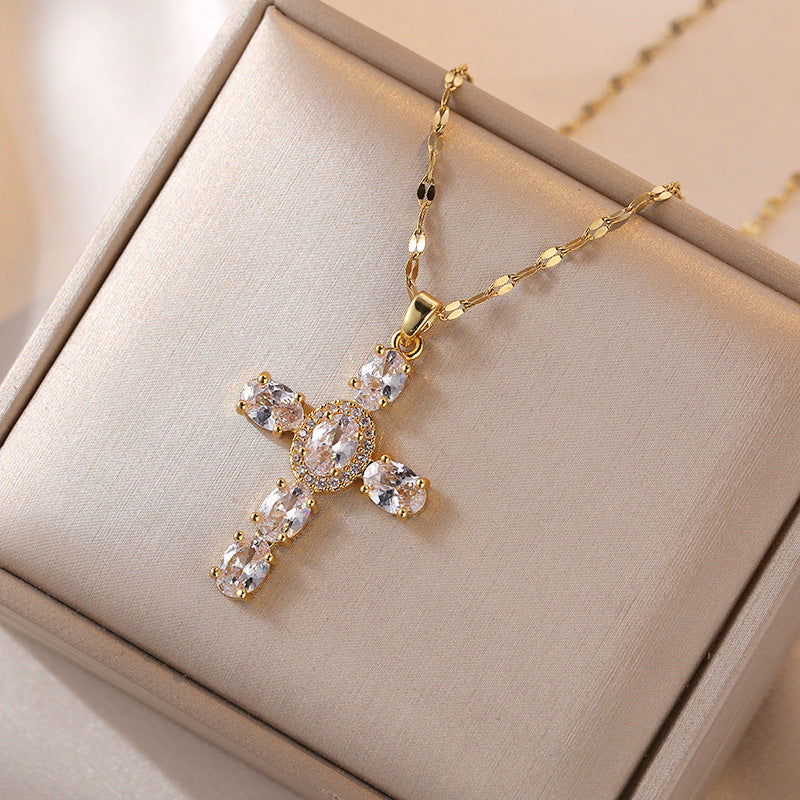 Women's Retro Cross Pendant Titanium Steel Lip Chain Necklace