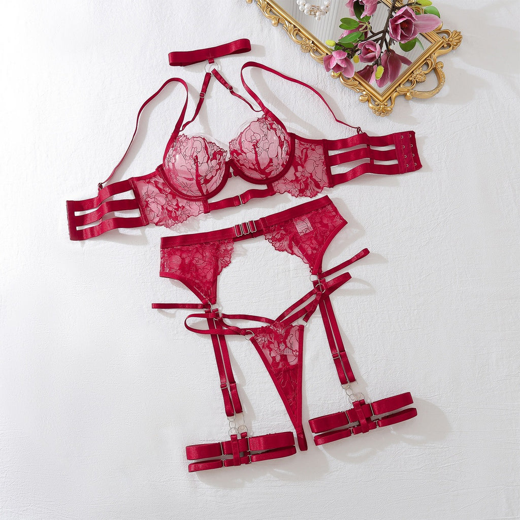French-Style Sexy Halter-Neck Embroidered Mesh See-Through Shapewear Lingerie and Garter Belt Set teemdrop