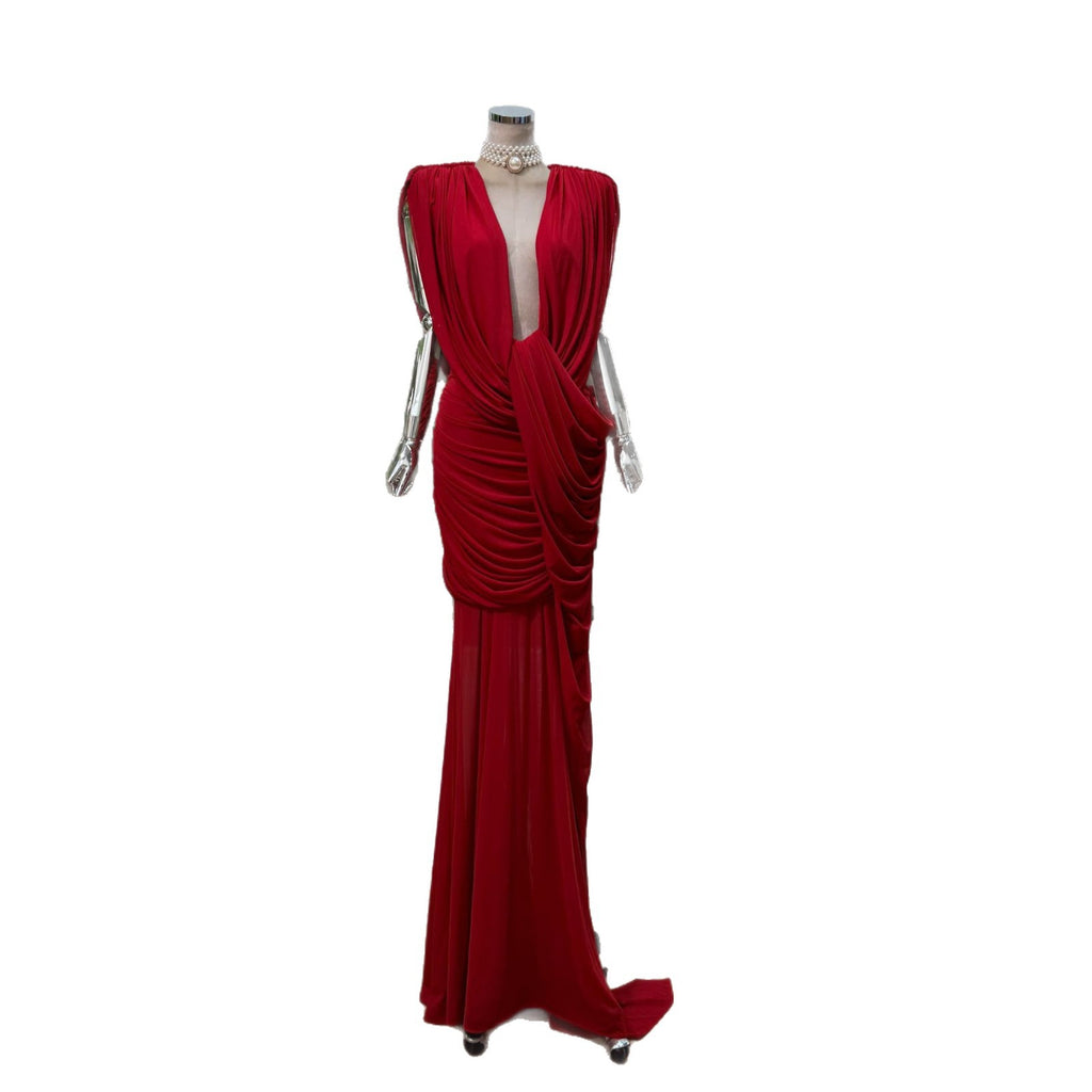 Deep V-Neck Waist-Exposing Floor-Length Gown Mesh Stitching Solid Color Dress teemdrop