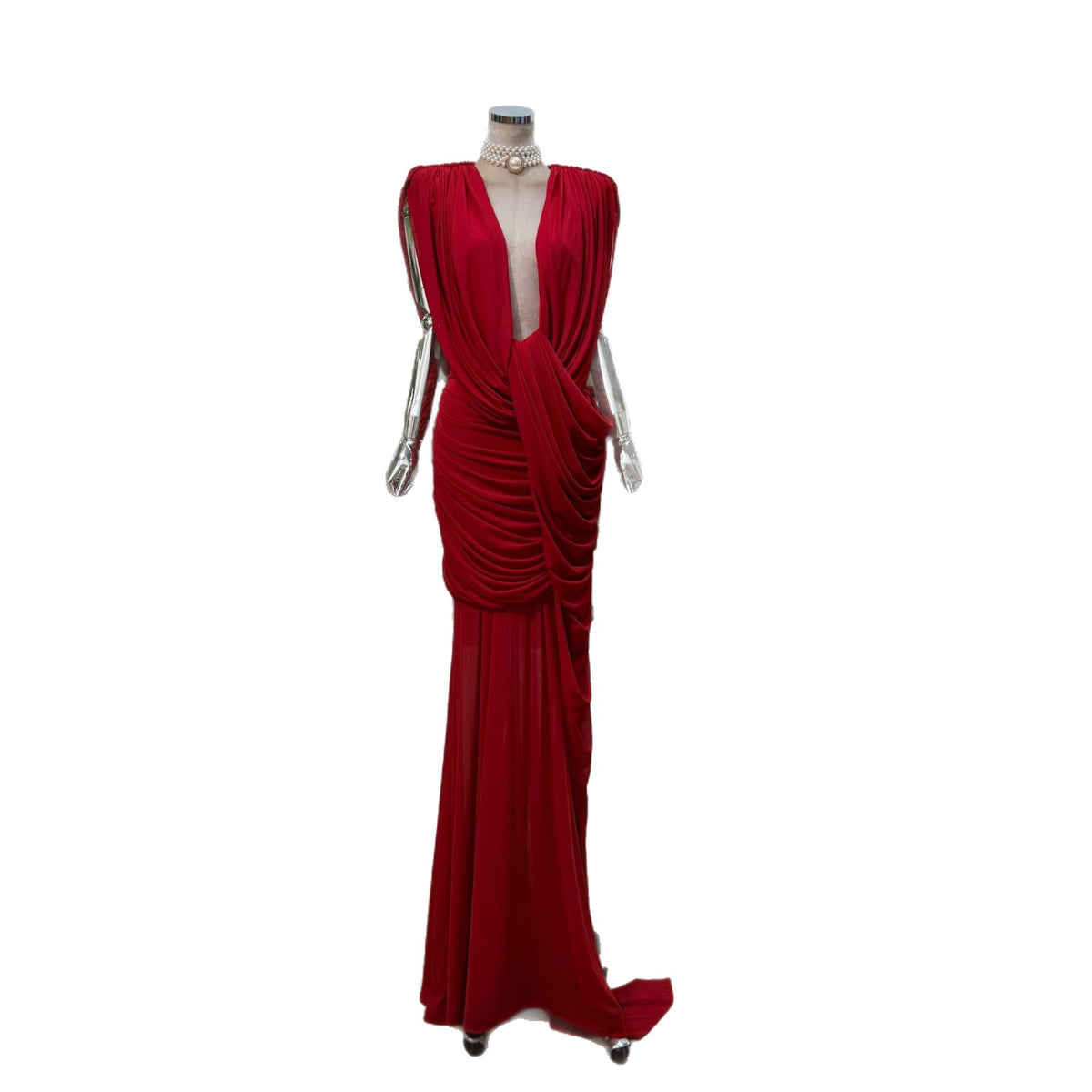 Deep V-Neck Waist-Exposing Floor-Length Gown Mesh Stitching Solid Color Dress teemdrop