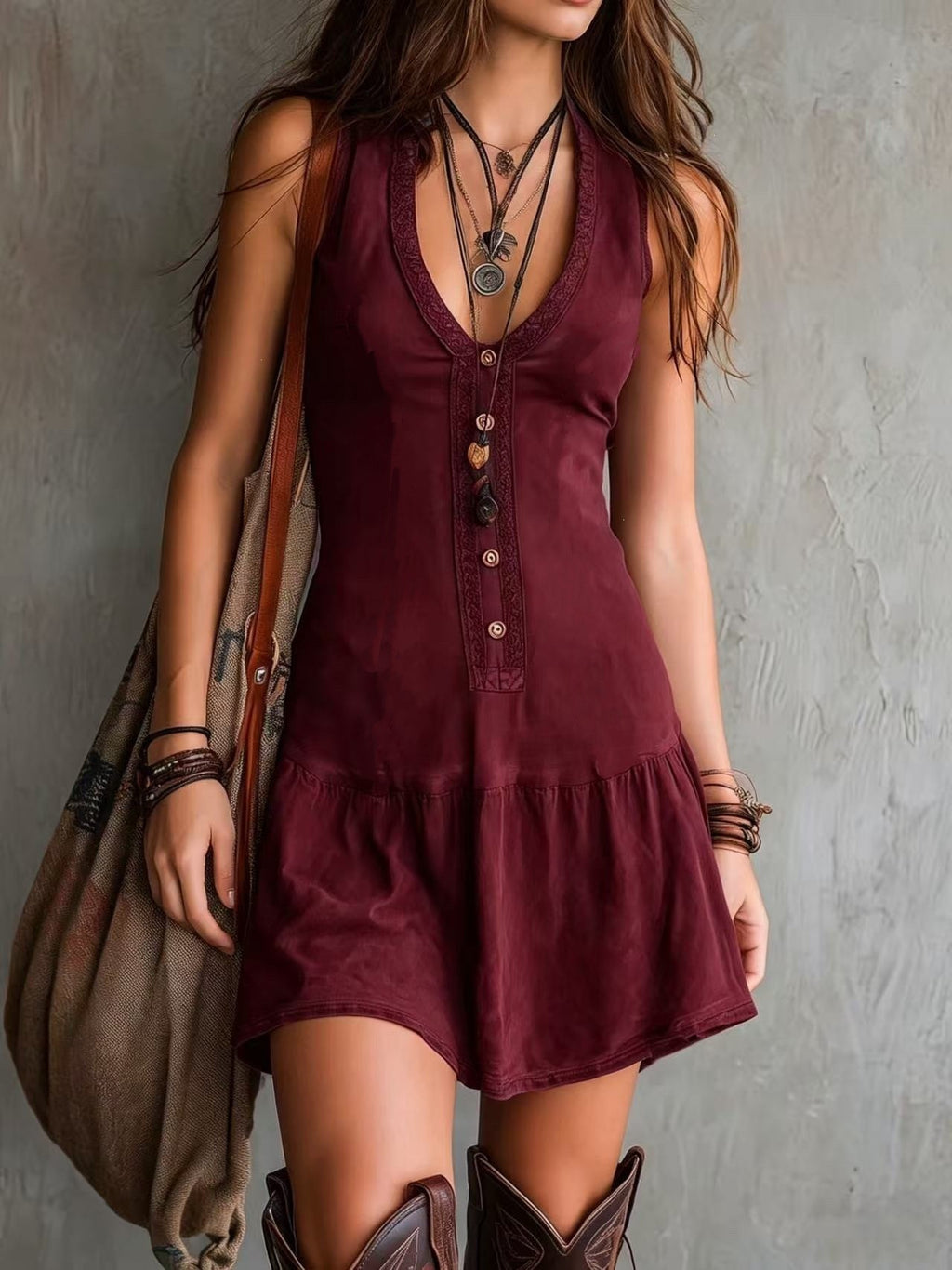Women's Sleeveless U-Neck Lace Button A-Line Short Dress