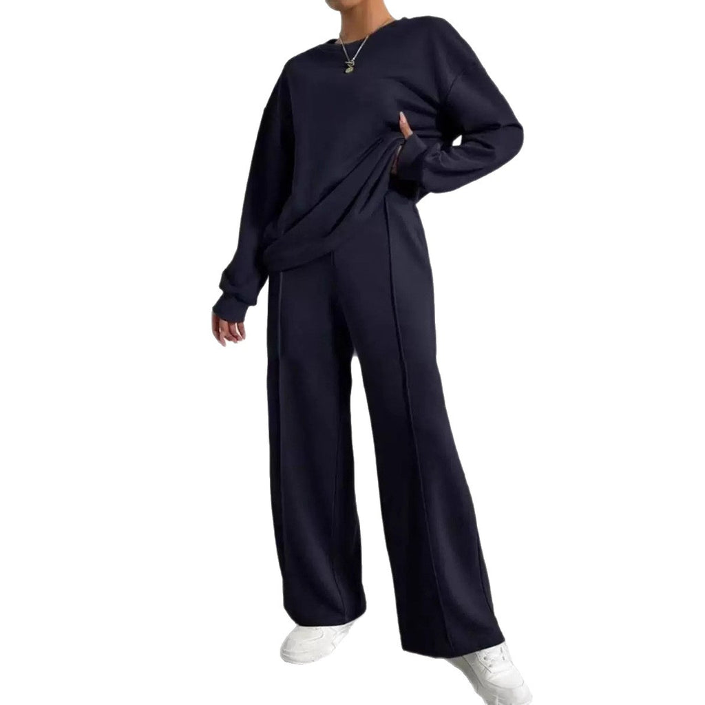 Women's Solid Color Round Neck Long Sleeve Pants Suit Casual Two-Piece Set teemdrop