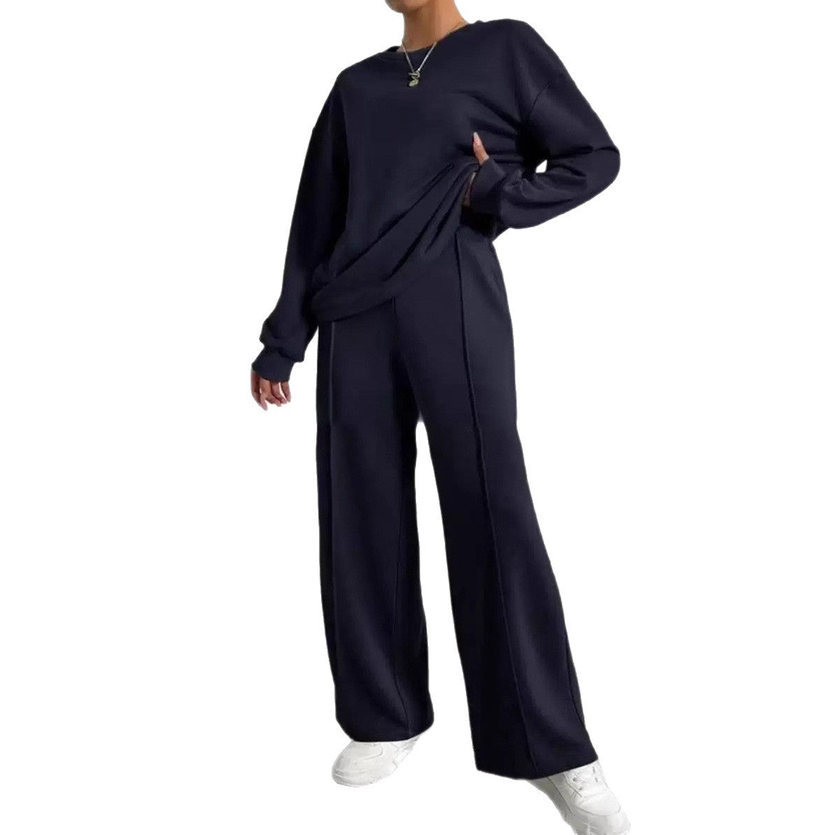 Women's Solid Color Round Neck Long Sleeve Pants Suit Casual Two-Piece Set teemdrop