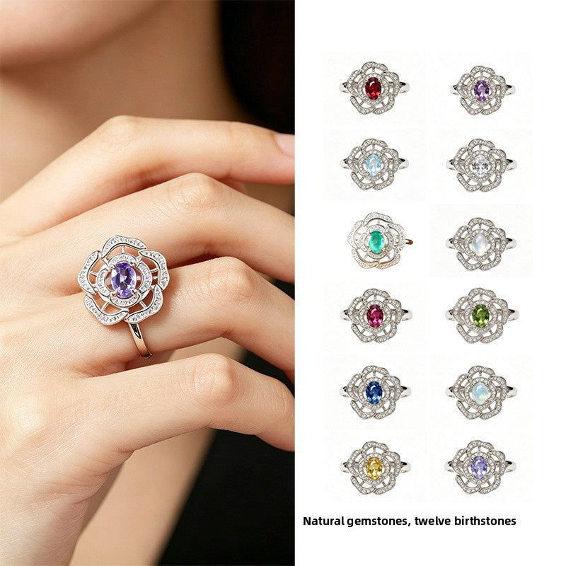 Silver Natural Birthstone Flower Vintage Adjustable Ring