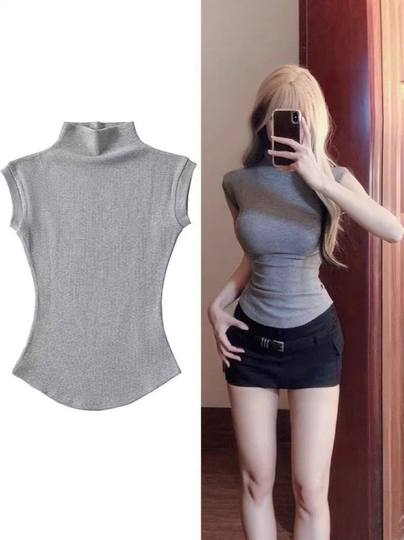 Women's Asymmetrical Half-Turtleneck Short Top Summer Sleeveless Slim Fit Solid Color teemdrop