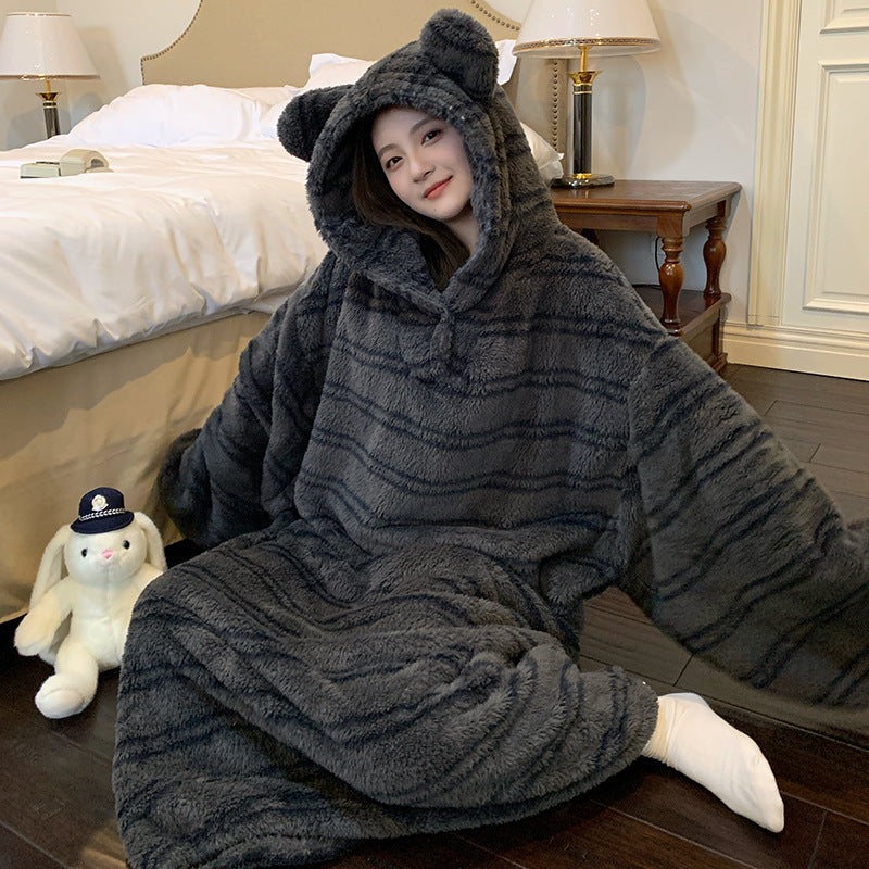 Women's Thickened Coral Fleece Hooded Nightgown Oversized Winter Warm Robe teemdrop