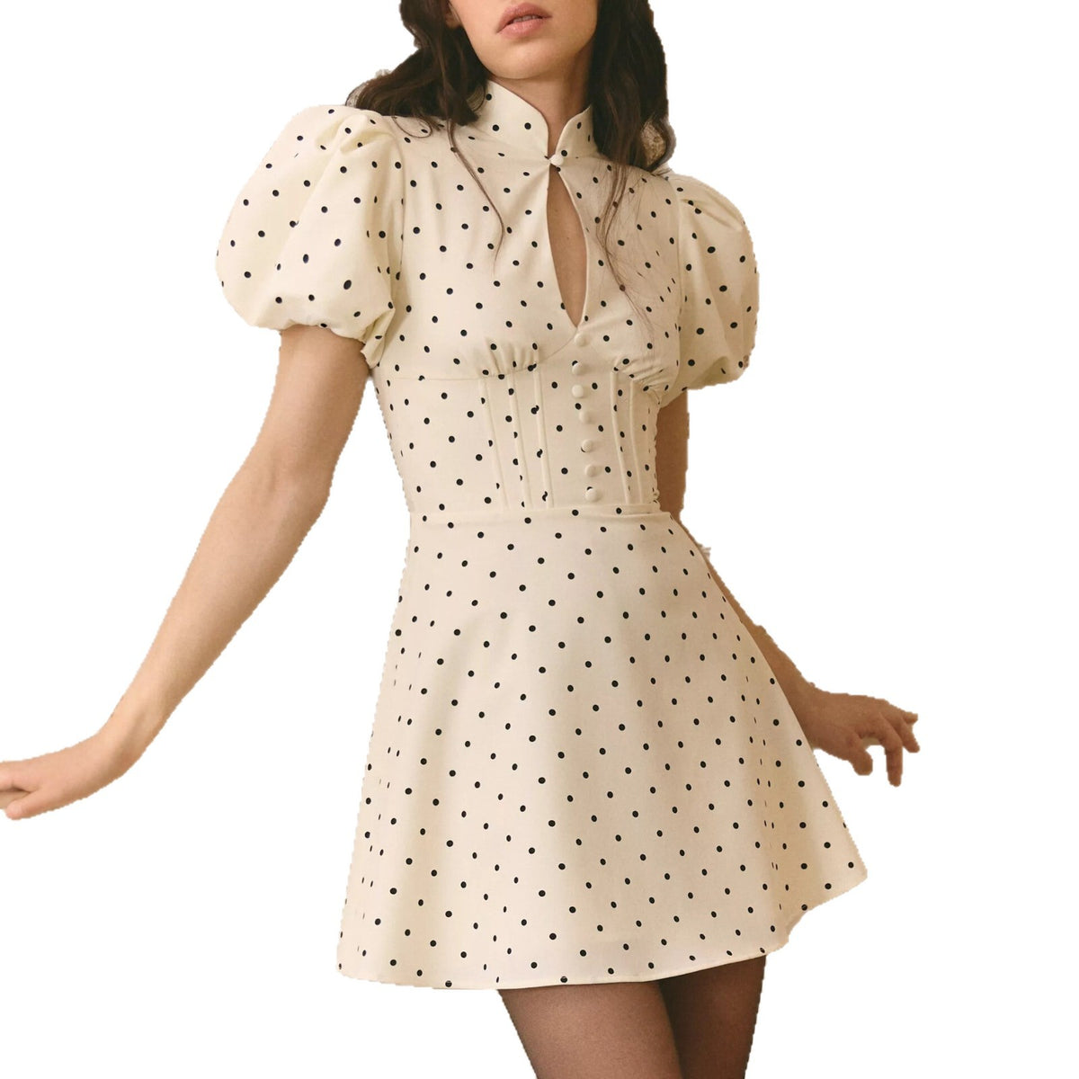 Women's French Style Polka Dot Puff Sleeve A-Line Mini Dress with Hollow-Out Detail