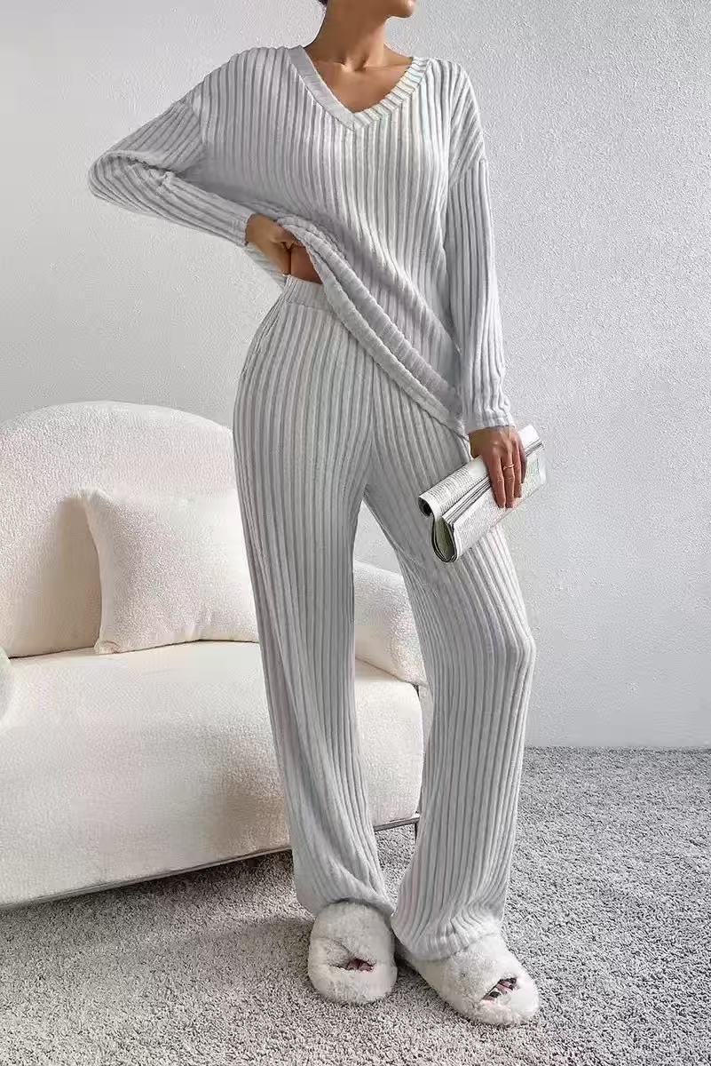 Home Casual Straight Pants Elegant Loose V-neck Pit Two-piece Set