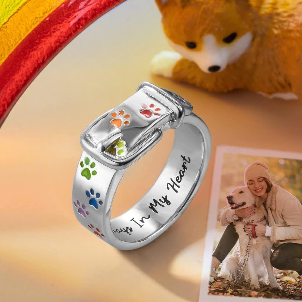 Silver-Tone Alloy Ring for Women with Rainbow Inlay and Dog Print
