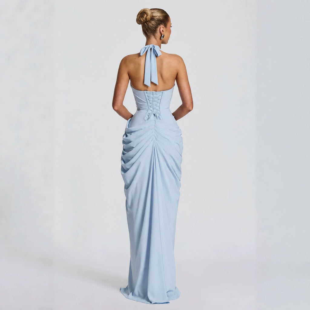 Womens Halter Neck V-Neck Backless Slit Long Dress with Pleats