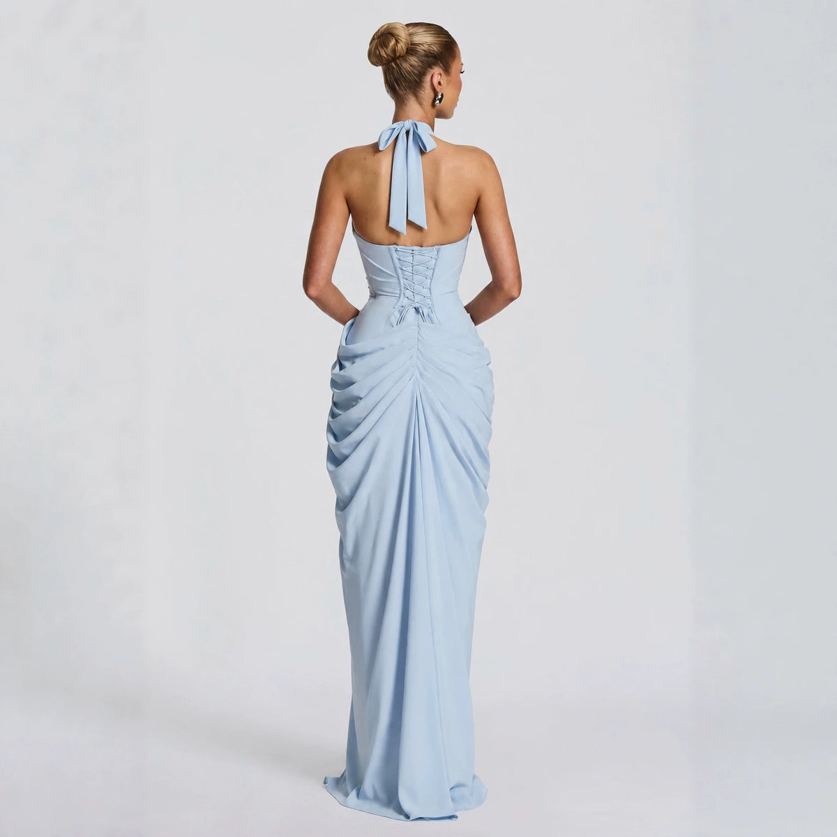 Womens Halter Neck V-Neck Backless Slit Long Dress with Pleats