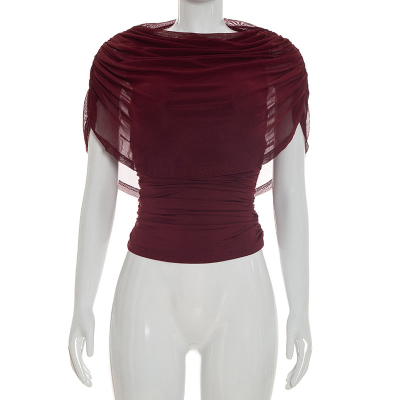 Lady's sleeveless scarf-necked pleated blouse