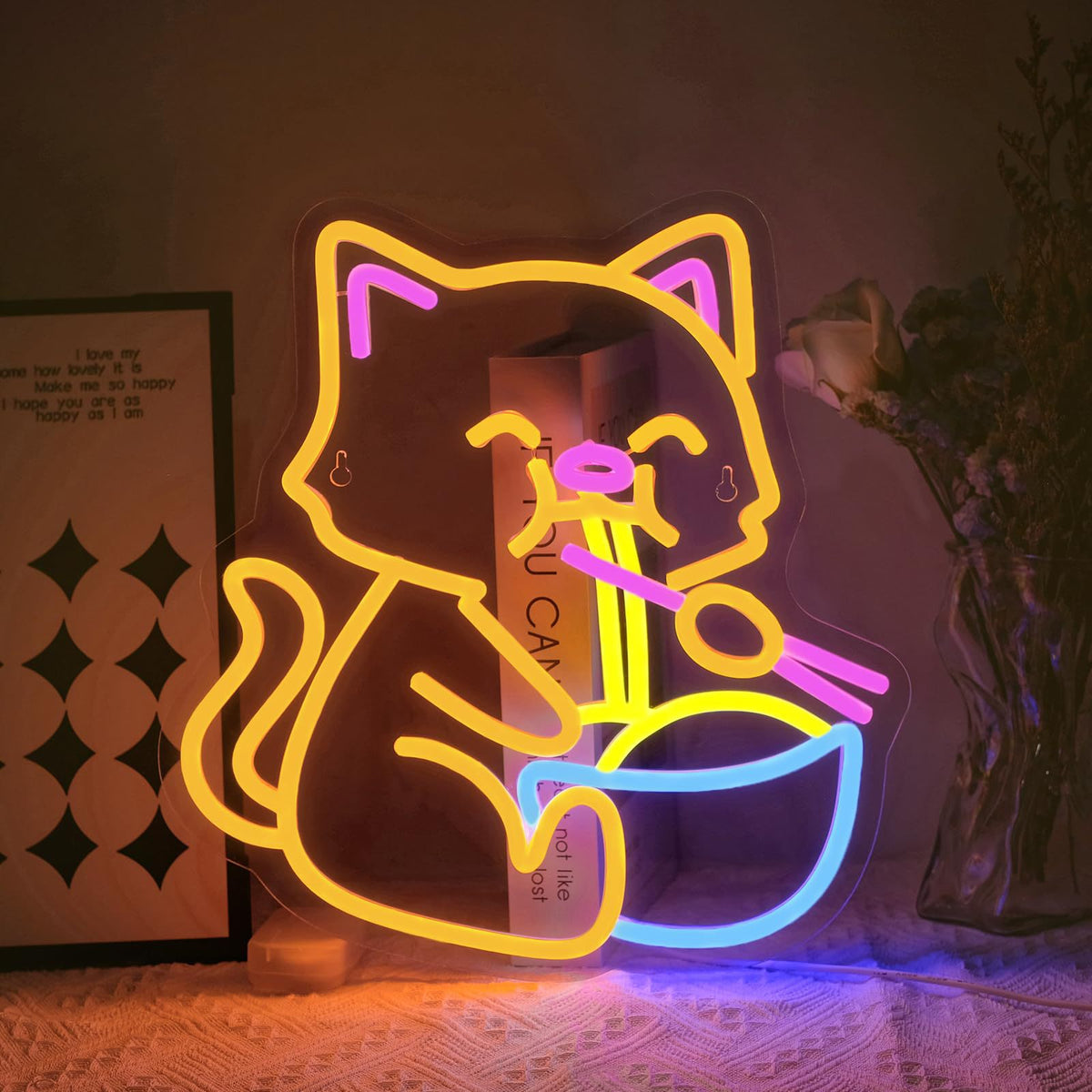 USB Dimmable LED Neon Sign, Cat Eating Noodles Light, Acrylic Animal Shaped Nightlight for Home Decor teemdrop
