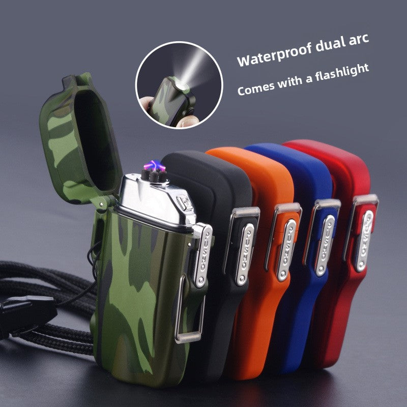 Multifunctional Metal Flashlight Waterproof Silent Dual Arc Lighter teemdrop