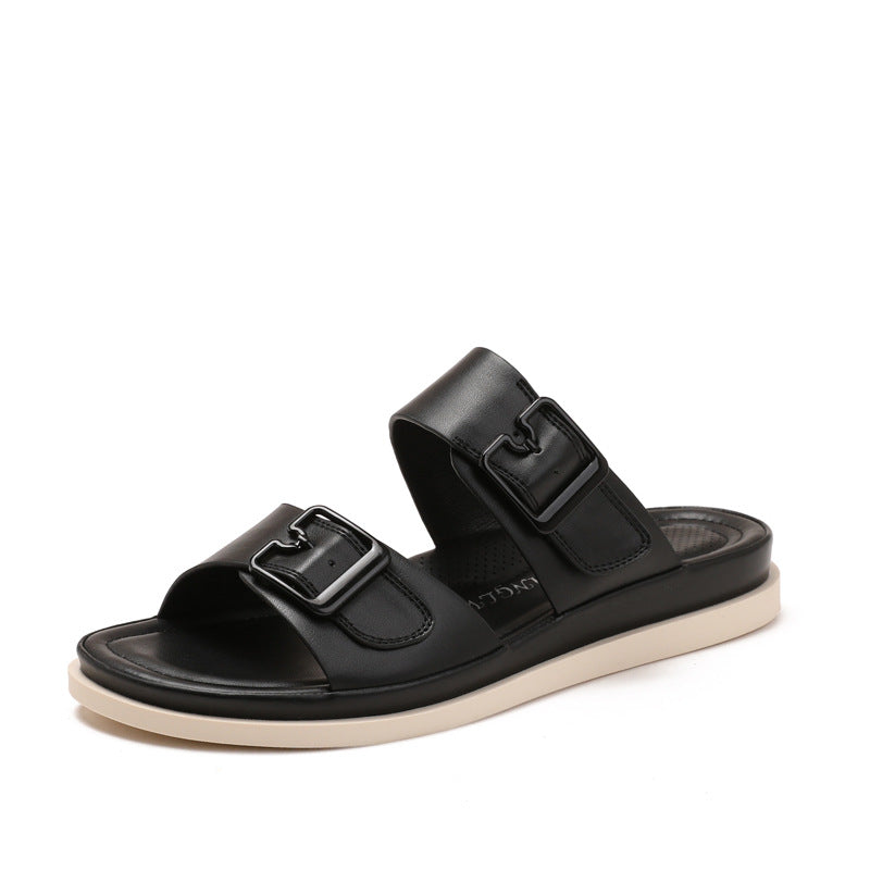 Women Casual Buckle Decor Open Toe Flat Slip-On Thick Sole Outdoor Slippers teemdrop