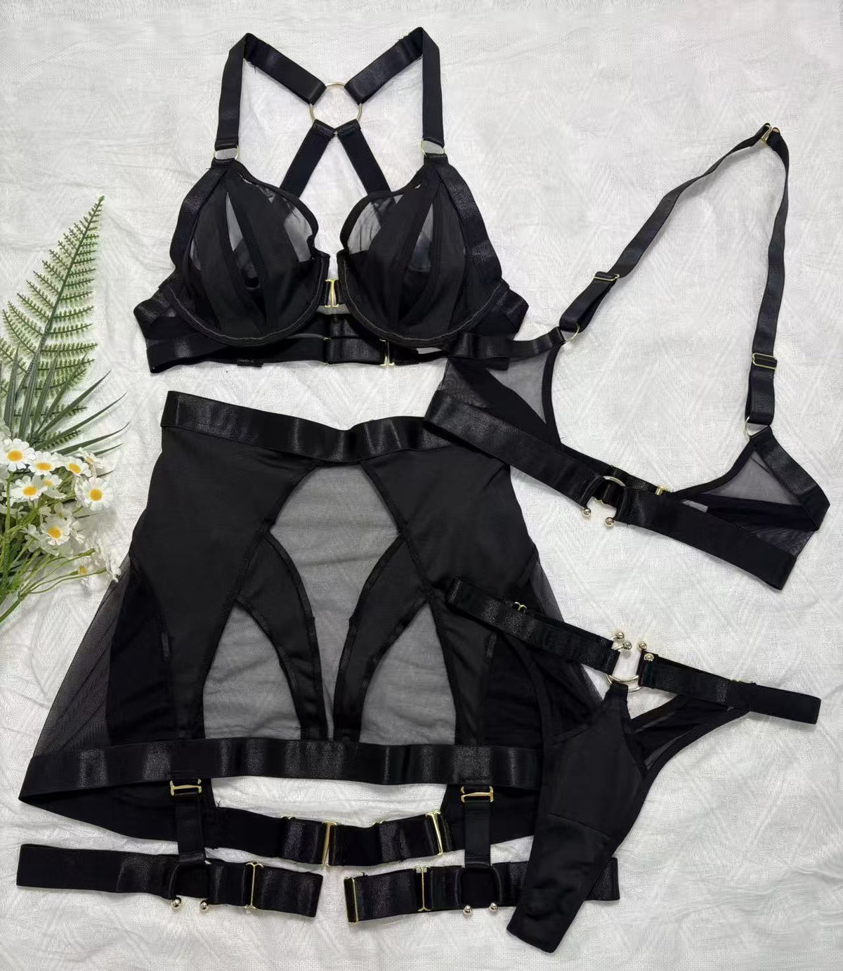 Women's Sheer Mesh Lingerie Set with Metal Ring Harness teemdrop