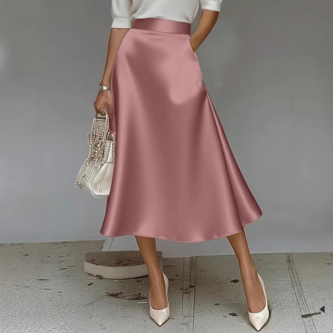 Women's Satin A-Line Midi Skirt Solid Color Elegant Workwear teemdrop