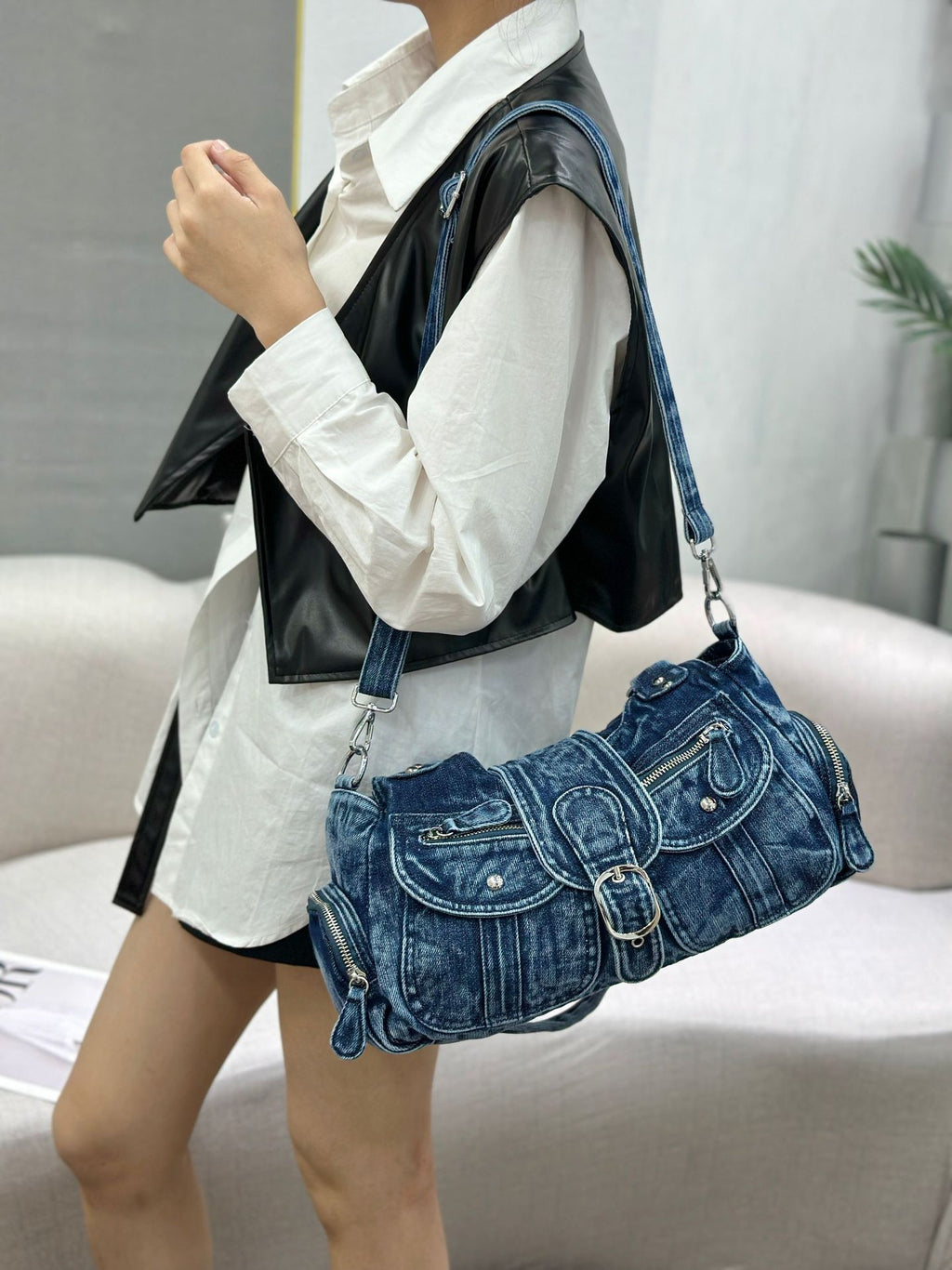 Vintage Washed Denim Underarm Crossbody Bag Large Capacity Tote teemdrop