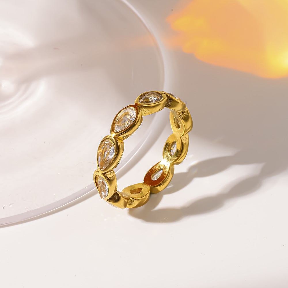 18K Gold Plated Stainless Steel Water Drop Zircon Ring for Women teemdrop
