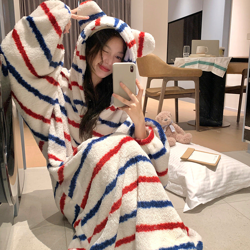 Women's Thickened Coral Fleece Hooded Nightgown Oversized Winter Warm Robe teemdrop