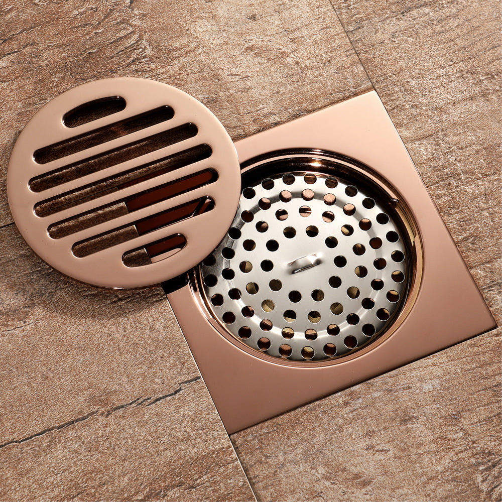 Rose Gold Copper Anti-Odor Concealed Tile Insert Square Linear Floor Drain teemdrop