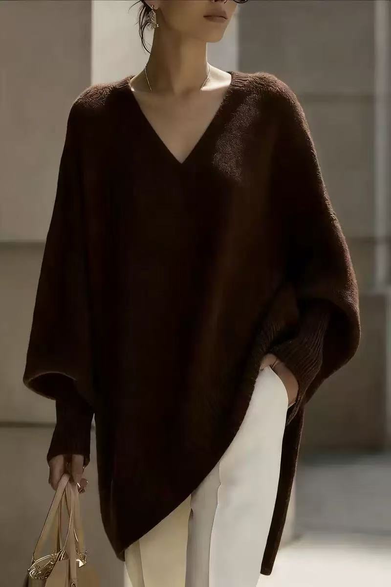 Solid-color long-sleeved V-neck relaxed style sweater for women, loose knitted top teemdrop