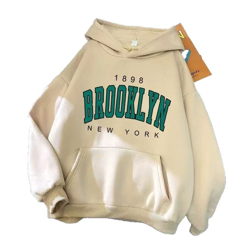 Women's Fleece Lined Hooded Sweatshirt Letter Print Long Sleeve Loose Fit Pullover