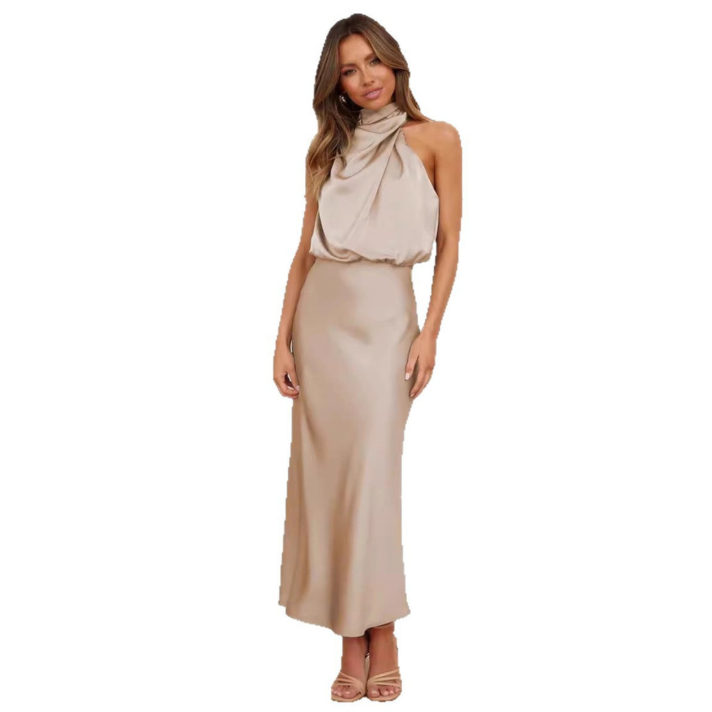 Womens High-End Satin Sleeveless Pleated Midi Dress Mock Neck Evening Gown teemdrop