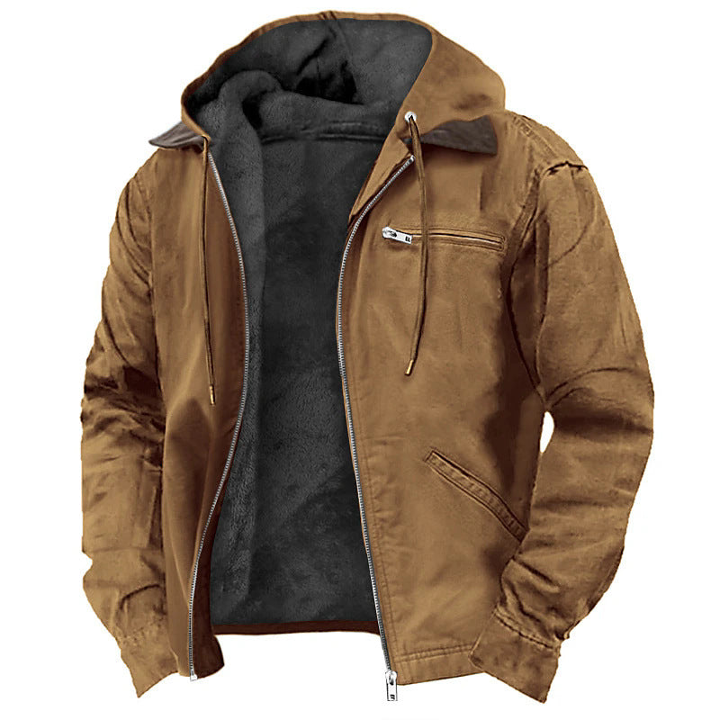 Men's Solid Fleece-Lined Hooded Jacket with Zipper Pocket