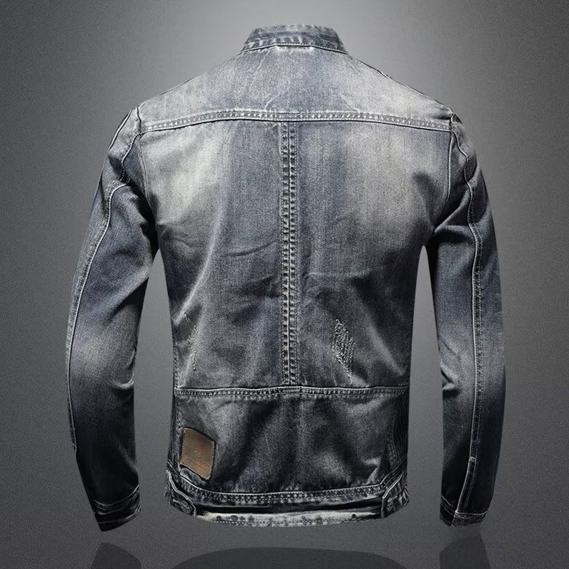 Men's Retro Solid Color Stand Collar Denim Jacket Casual Long Sleeve Outerwear