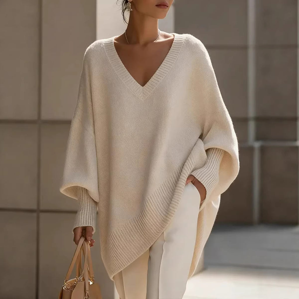 Solid-color long-sleeved V-neck relaxed style sweater for women, loose knitted top teemdrop