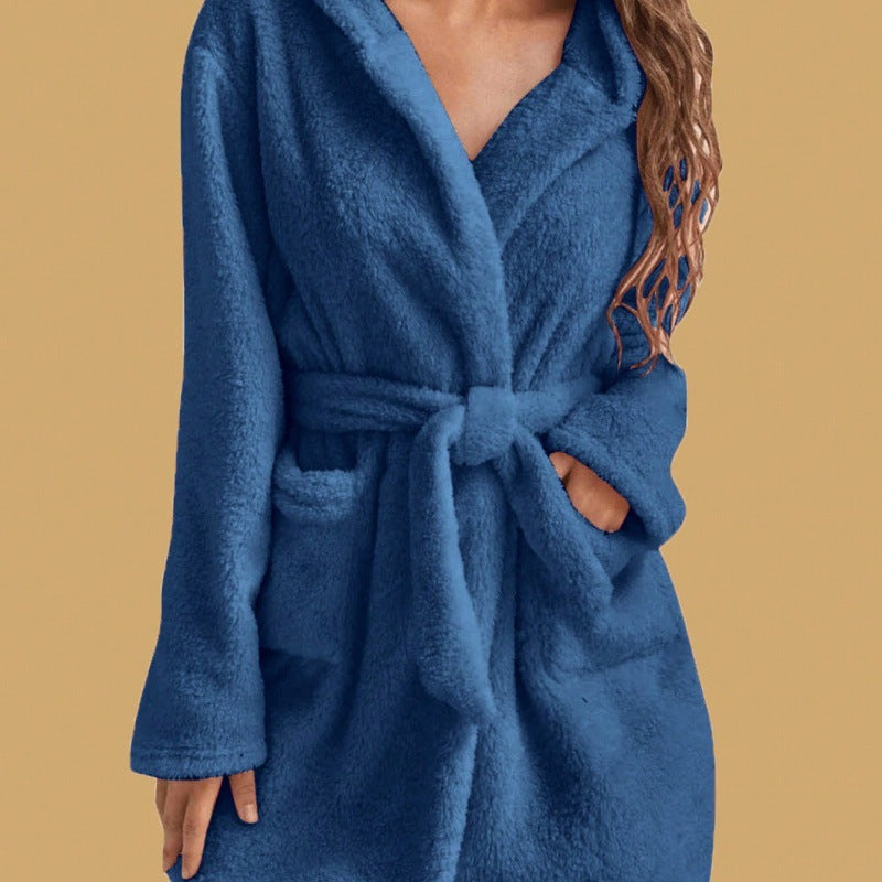 Women's Flannel Coral Fleece V-Neck Long Bathrobe teemdrop