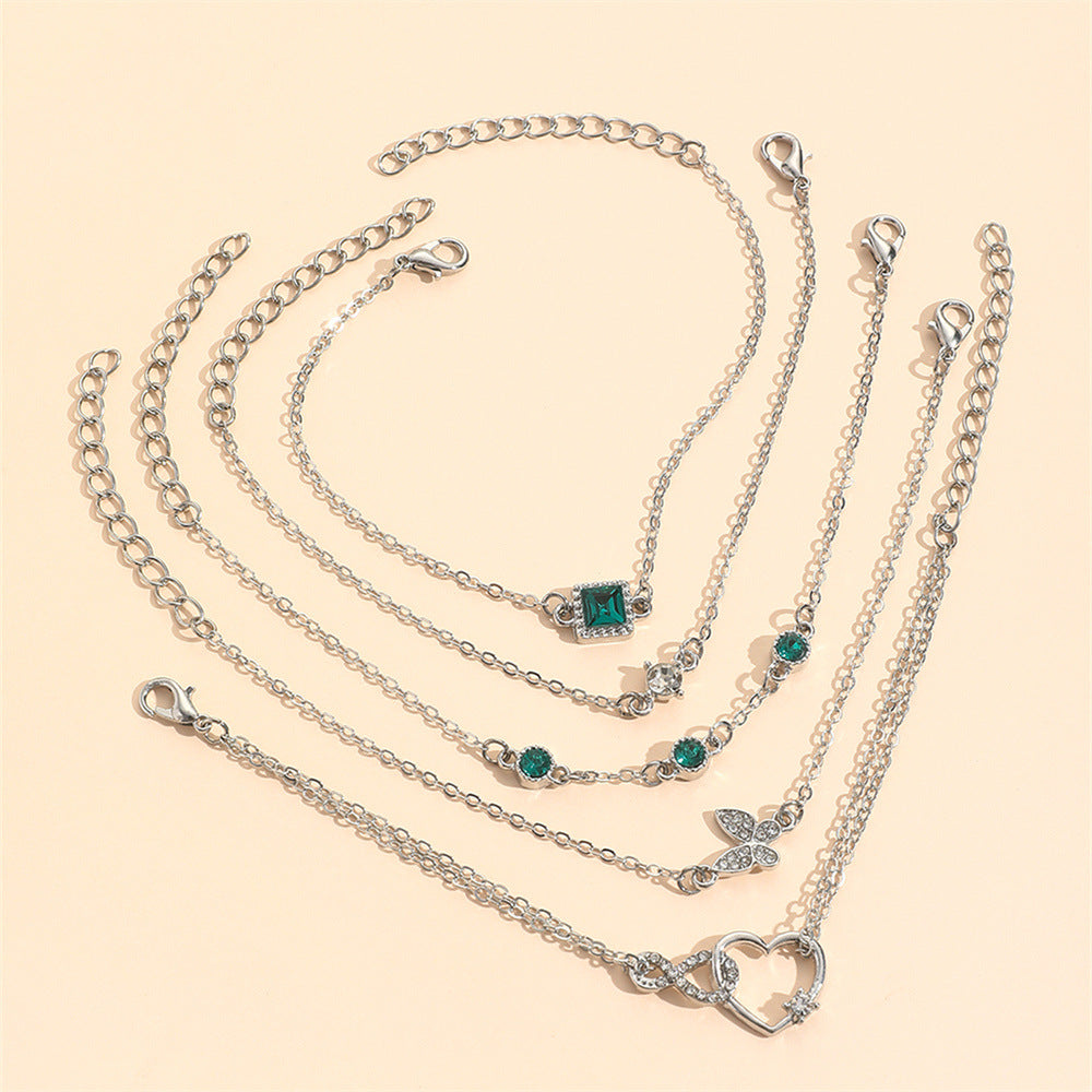Vintage Style 5-Piece Set Green Diamond Butterfly Love Alloy Bracelet