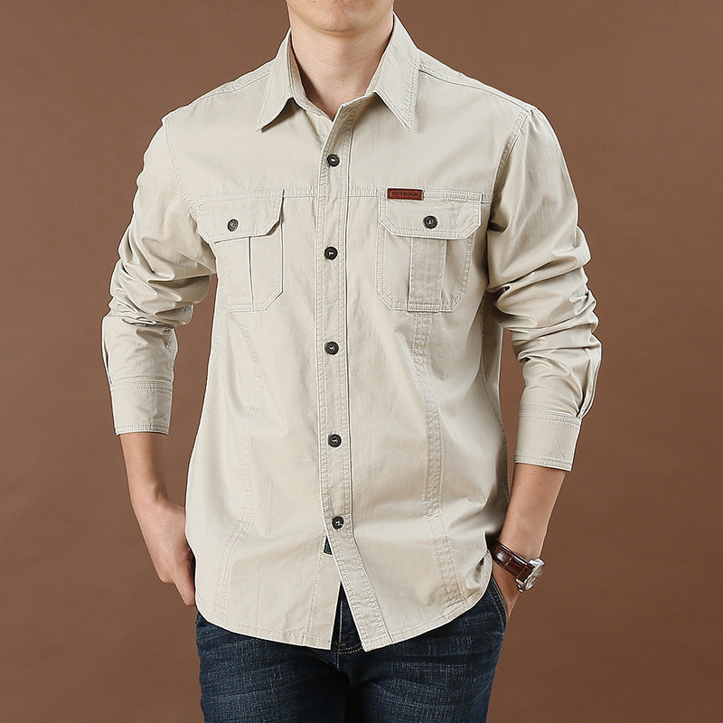 Men's Plus Size Solid Color Long Sleeve Work Shirt Loose Fit Casual Button-Down Shirt with Pocket teemdrop
