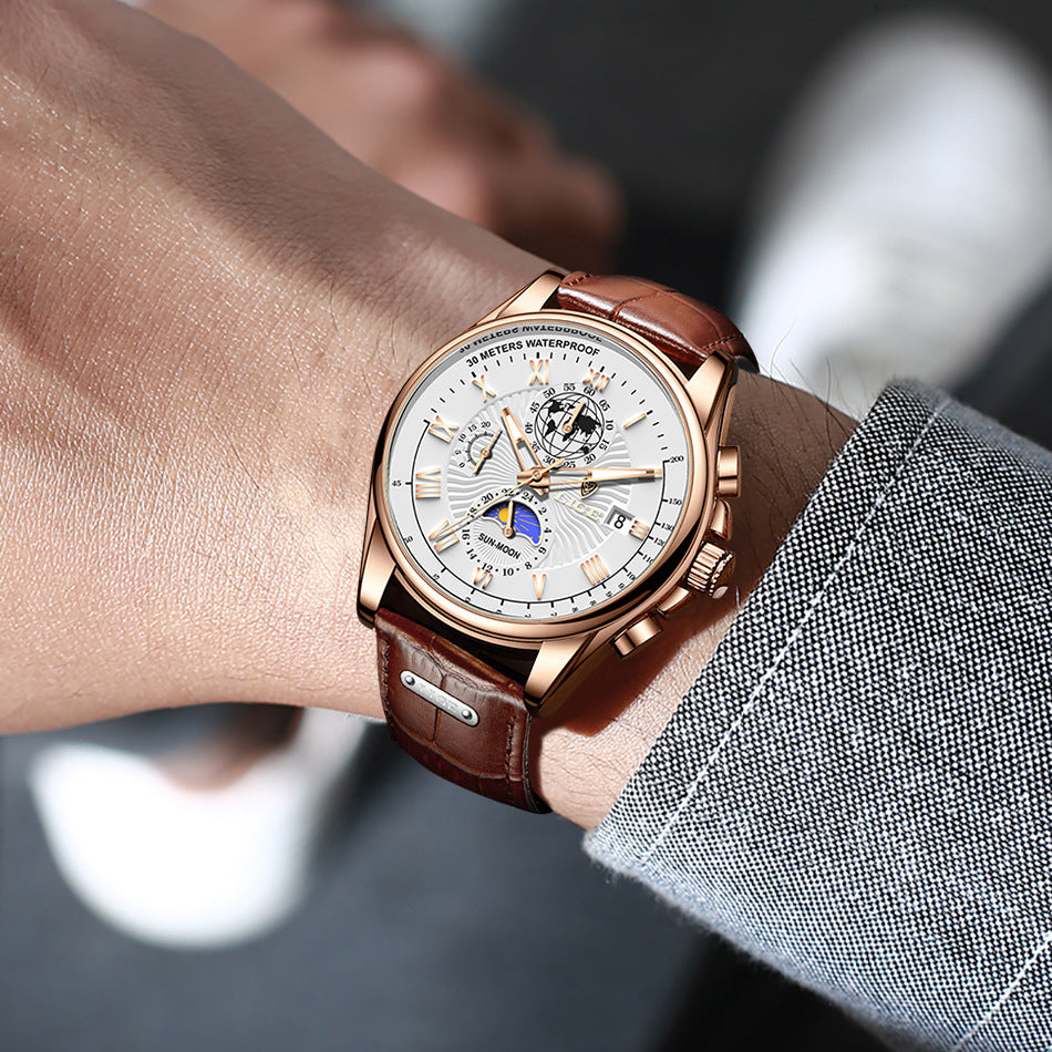 LIGE Men's Business Watch with Moon Phase Multifunction Quartz Wristwatch Leather Strap Waterproof