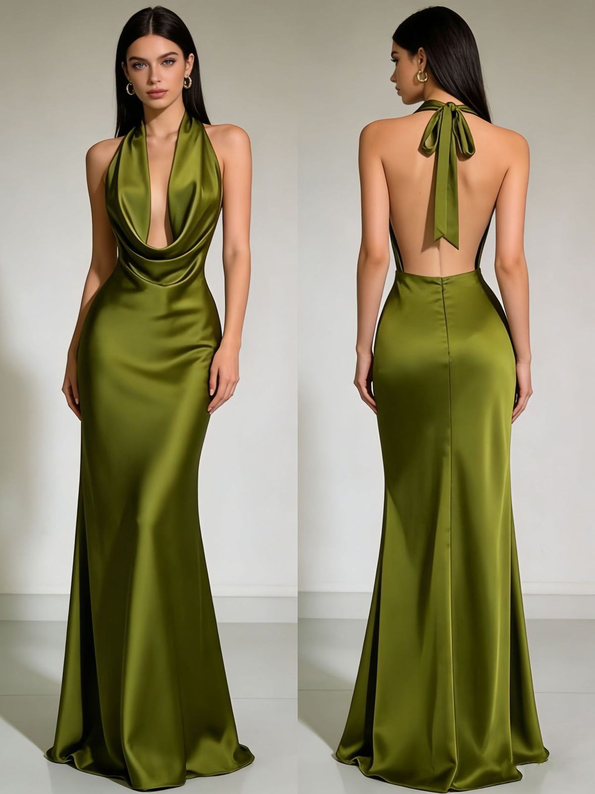 Women's Satin Halter Neck Backless Floor Length Evening Dress teemdrop