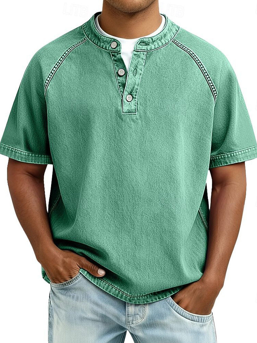 Men's Retro Casual Loose Fit Short Sleeve Button Up Polo Shirt Breathable Polyester Top teemdrop