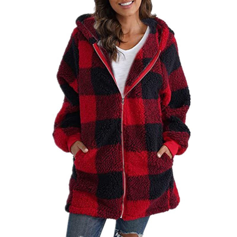 Women's Plush Long Sleeve Plaid Hooded Zip-Up Loose Coat