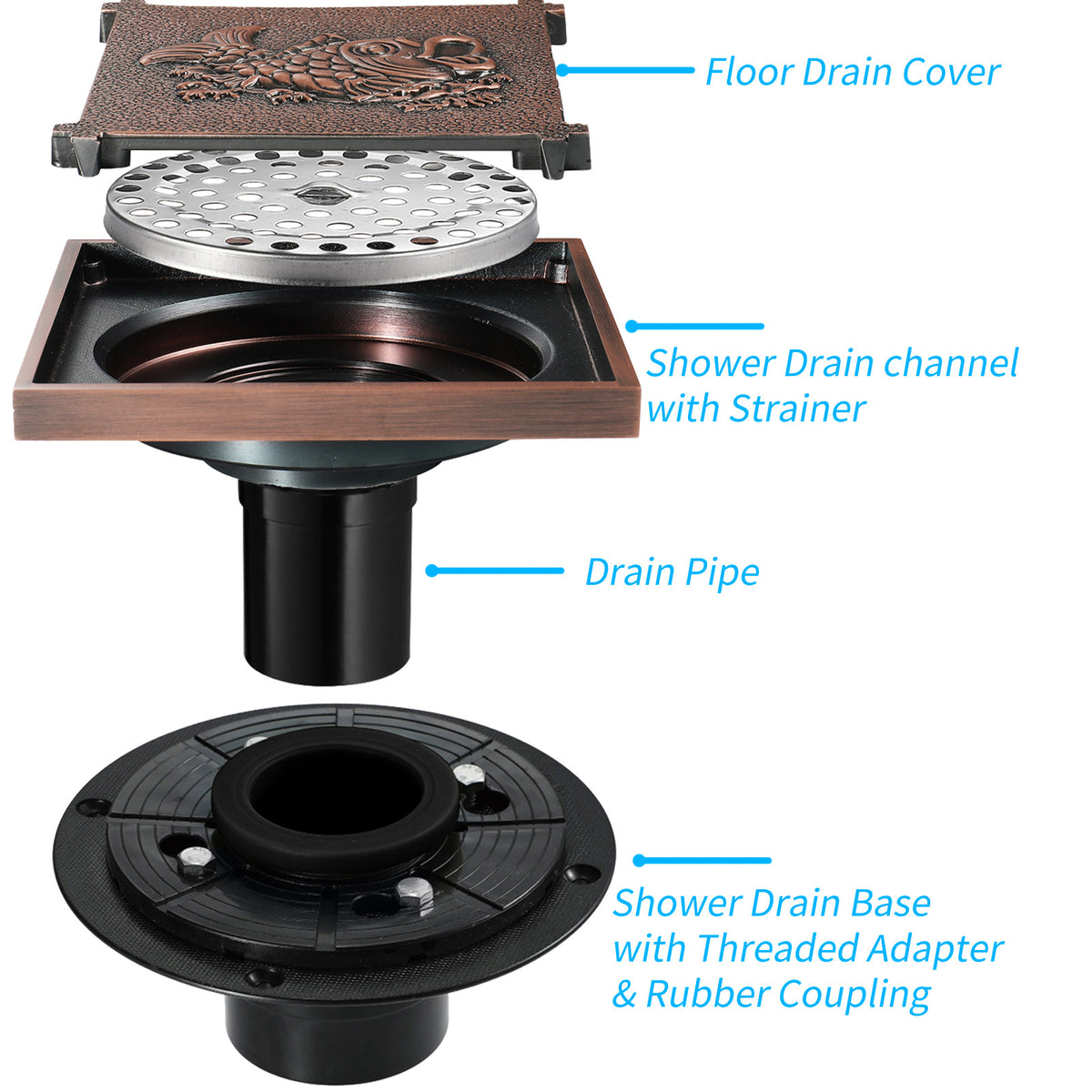 Rose Gold Copper Anti-Odor Concealed Tile Insert Square Linear Floor Drain teemdrop