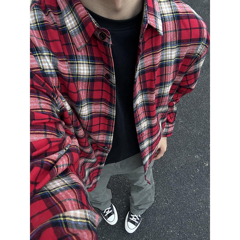 Men's American Retro Plaid Long Sleeve Shirt Casual Lapel Fitted Cardigan teemdrop