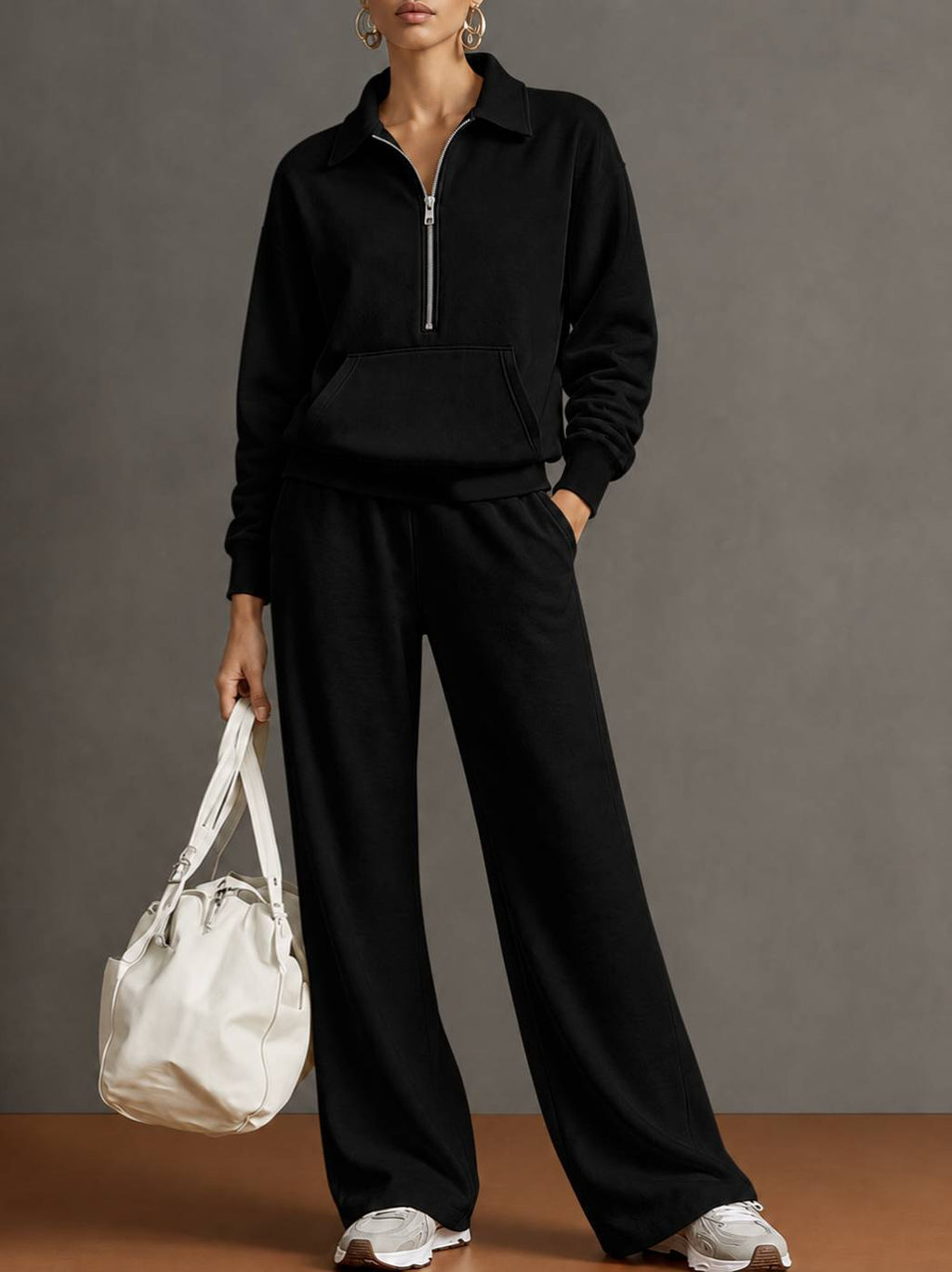 Women Two-Piece Half-Zip Sweatshirt and Wide-Leg Pants Set teemdrop