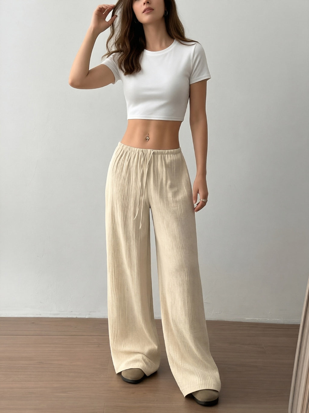 Women's Textured High Waist Drawstring Drapey Wide Leg Pants teemdrop