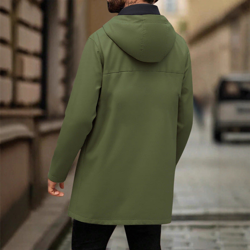 Men's Slim-Fit Mid-Length Windbreaker with Hood
