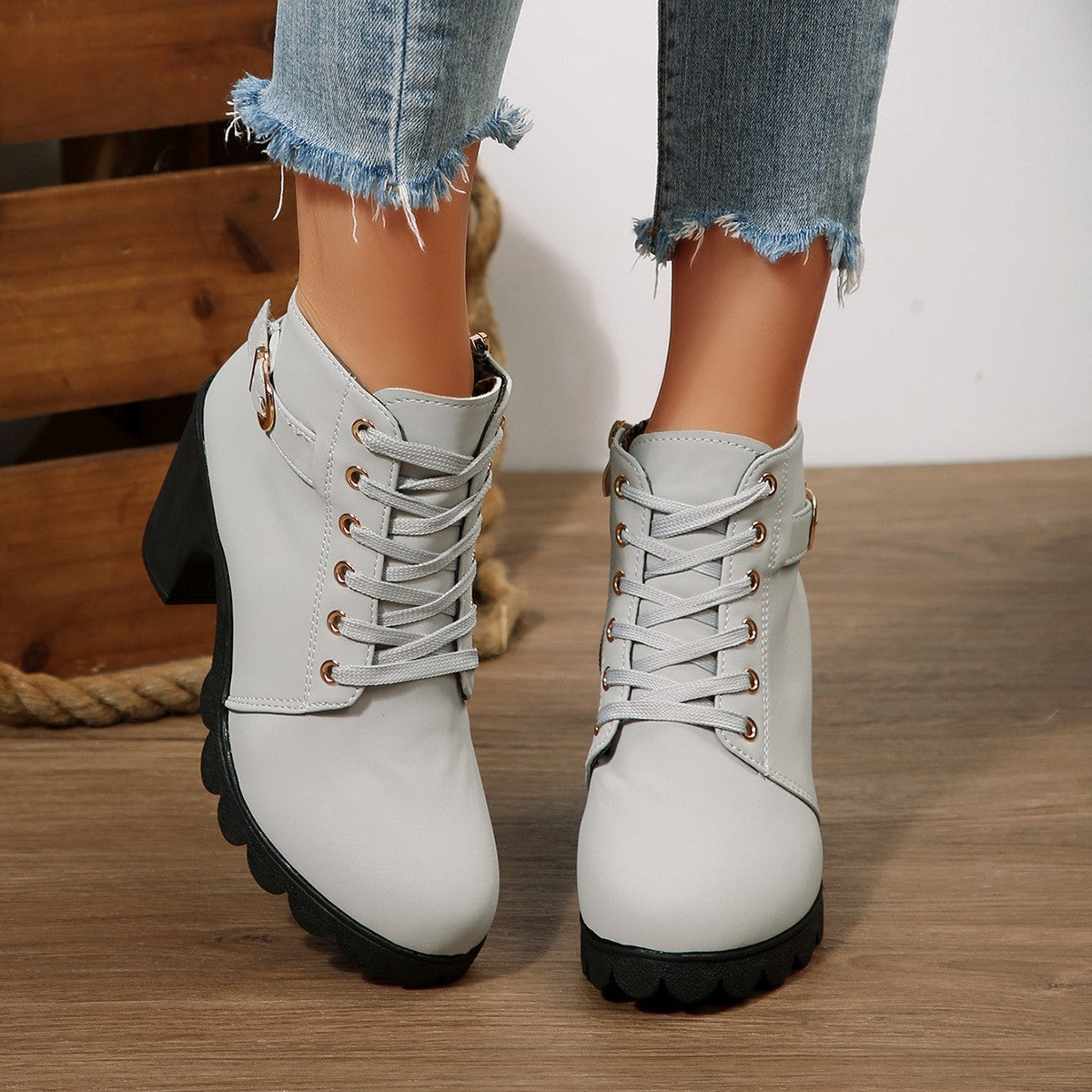 Thick Heel Ankle Boots Round-Toe Lace-Up Martin Boots