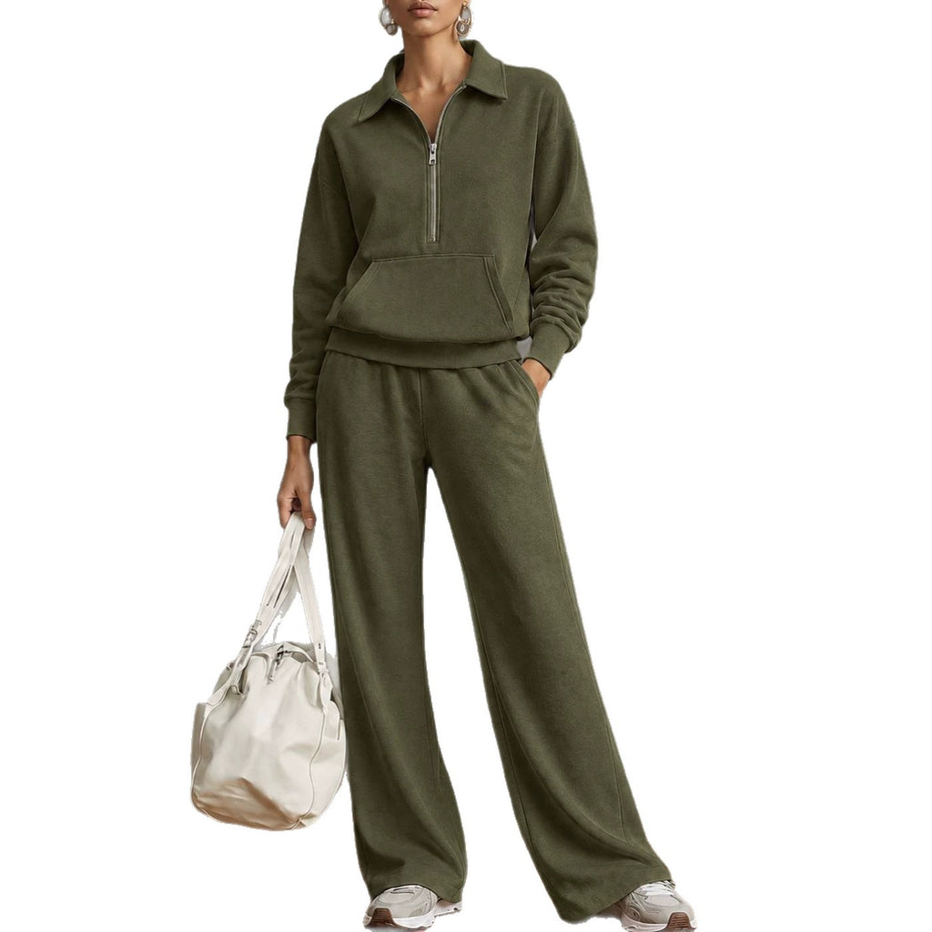 Women Two-Piece Half-Zip Sweatshirt and Wide-Leg Pants Set teemdrop