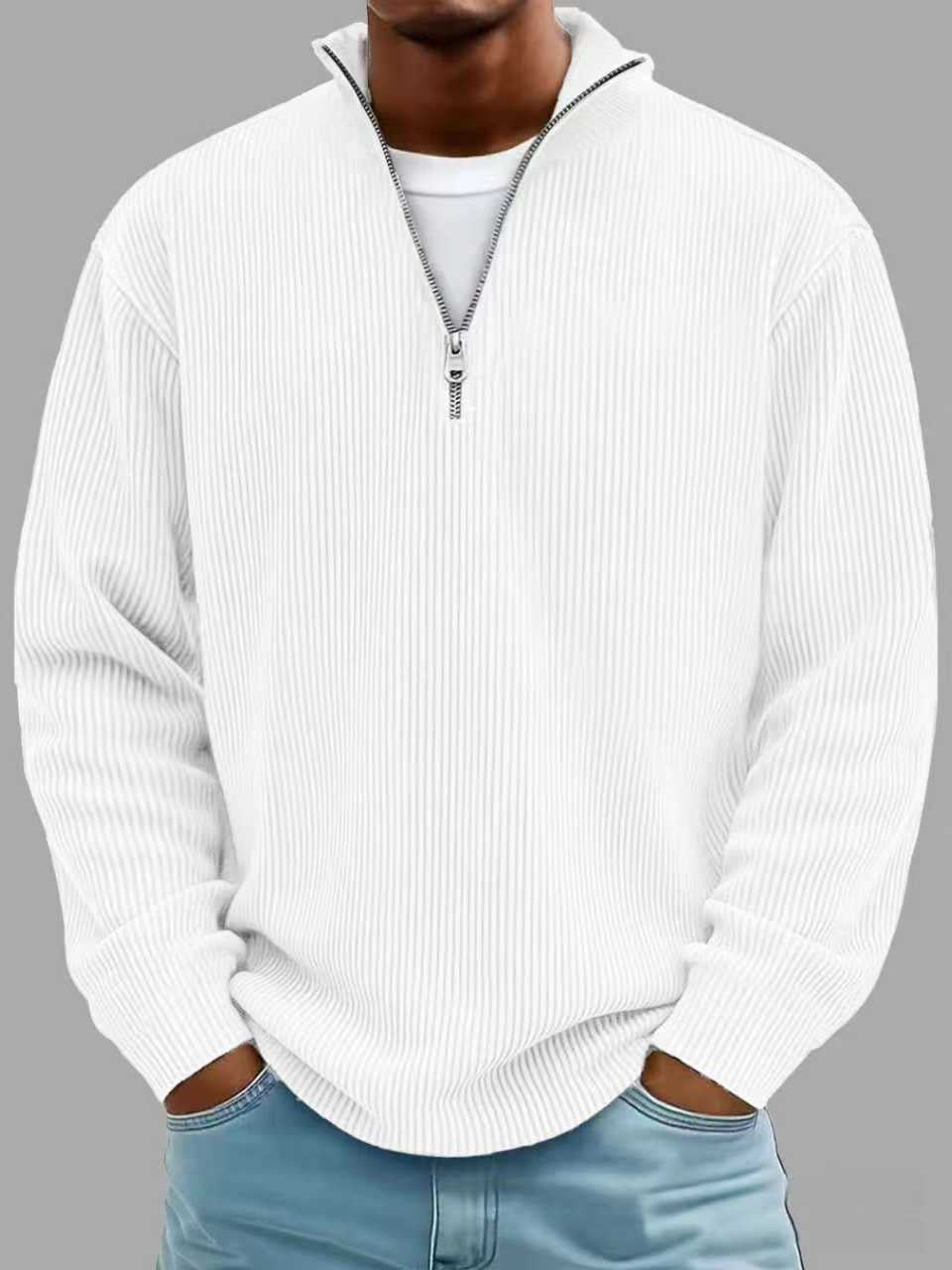 Men's Stand Collar Zipper Corduroy Long Sleeve Polo Shirt teemdrop