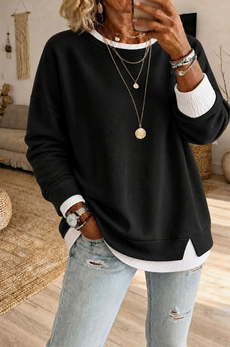 Women's Fake Two-Piece Ribbed Split Hem Round Neck Long Sleeve Pullover teemdrop