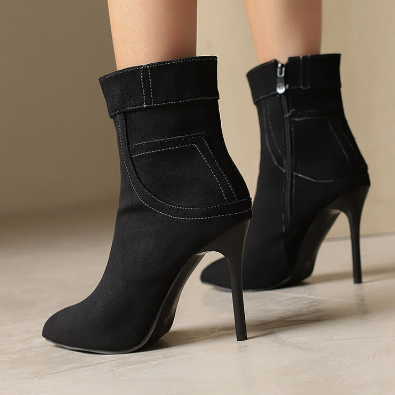 Women's Pointed Toe Stiletto Heel Faux Fur Warm Ankle Boots Side Zipper