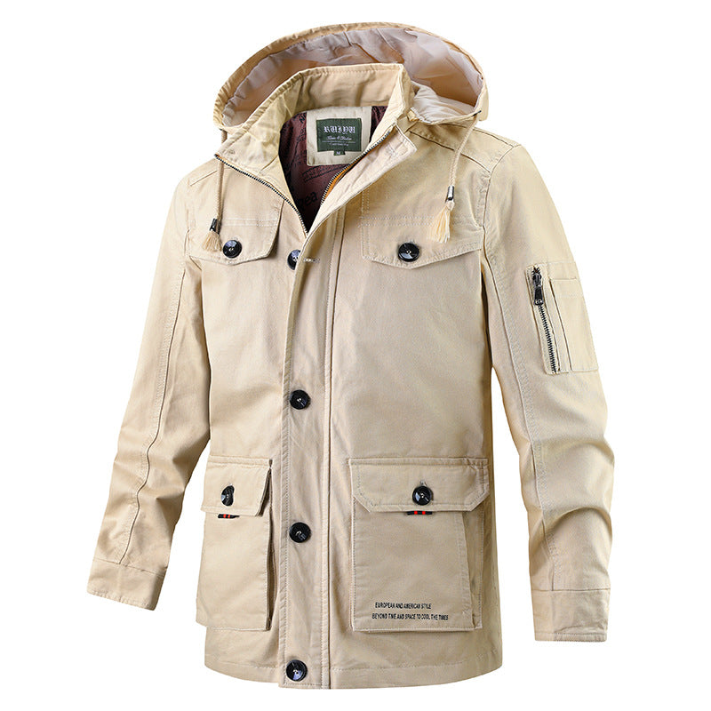 Men's cotton casual jacket with hood and stand-up collar, long and full-length coat