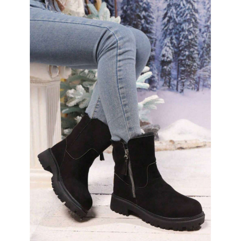 Plus Size Square Heel Mid-Calf Boots with Ultra-High Heel and Skull Pattern teemdrop